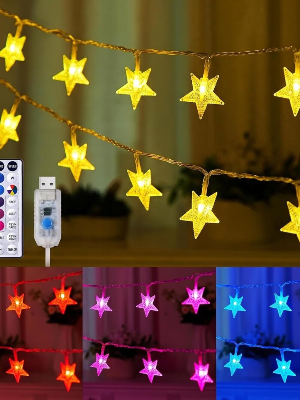 23ft Star String Lights for Bedroom, 50LED USB Fairy Lights Indoor